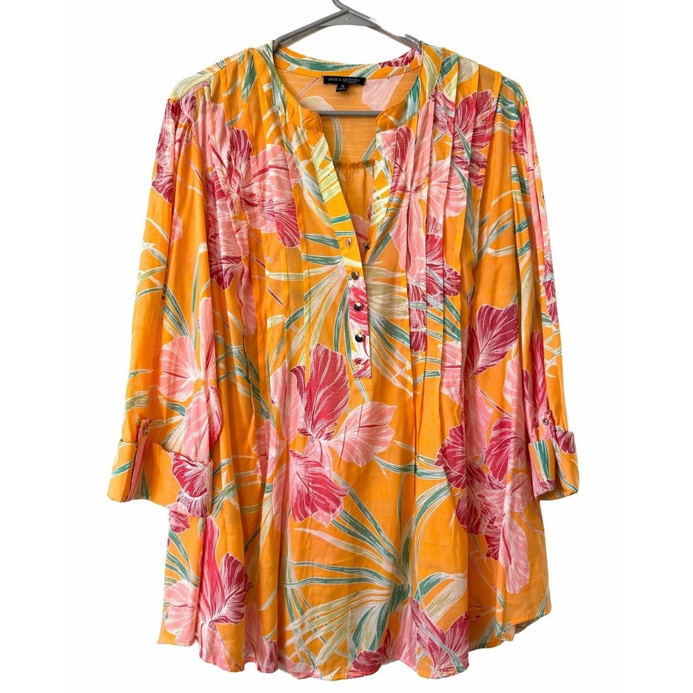 Ava & Grace 1X Floral Blouse Tropical Rayon 3/4 Sleeve Boho Orange Summer Resort